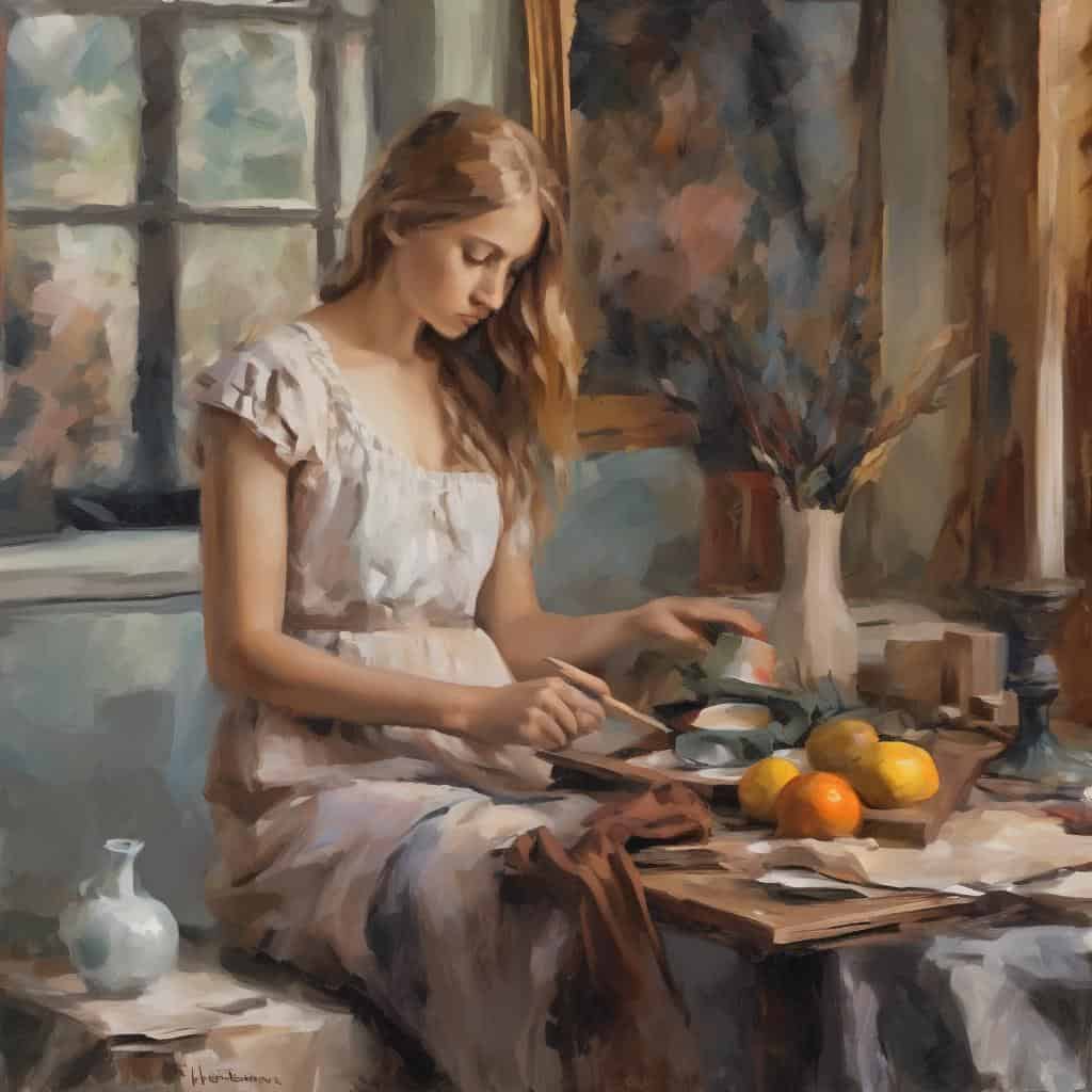 Συναισθηματική εικόνα νεαρής ζωγράφου στο εργαστήρι, πουαντερί ομορφιάς, τέχνη ως επανάσταση και διαμαρτυρία, εκφραστικότητα, δημιουργικότητα, καλλιτεχνικό πάθος, φθόνος, νεανική έμπνευση, τέχνη και κοινωνική διαμαρτυρία, ζωγραφική.