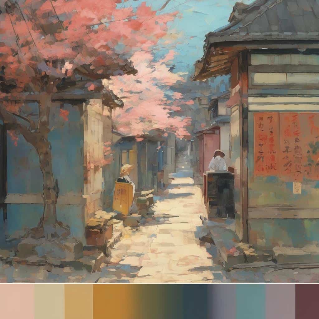 Παράδειγμα εικόνας με τέχνη επανάστασης και διαμαρτυρίας σε παραδοσιακό αστικό περιβάλλον με ανθοφόρα νύχτα, ζωγραφισμένο με εντυπωσιακό στυλ.