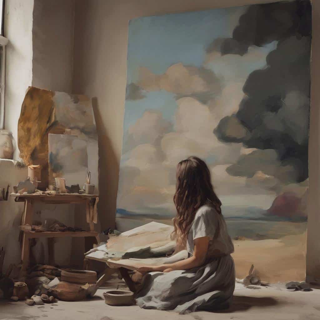 Έγχρωμο έργο τέχνης με καλλιτέχνιδα που δημιουργεί στον χώρο, με μεγάλη ζωγραφική καμβά που απεικονίζει τον ουρανό με σύννεφα, συνδεδεμένο με την τέχνη ως μέσο επανάστασης και διαμαρτυρίας.